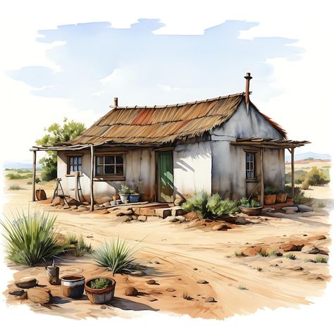 Premium Photo | Watercolor Cottage of Tattered Lean to Scrap Metal Sculptures Dull Rusted Browns I Art 2D Vector Cottage Art Painting, Village Scene Watercolor, Watercolour Village Landscape, Adobe House Watercolor, Old Village Paint, Old House Watercolor Paintings, Watercolor Cottage, South Africa Art, Muted Earth Tones