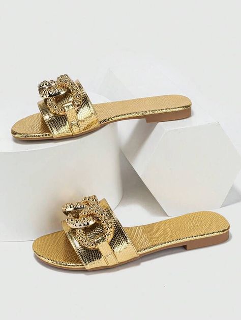 Women Metallic Snakeskin Embossed Chain Decor Slide Sandals, Glamorous Sandals | SHEIN Womens Slides, Snakeskin Print, Womens Sandals Flat, Toe Designs, Fashion Flats, Maternity Bag, Flat Sandals, Slide Sandals, Snake Skin