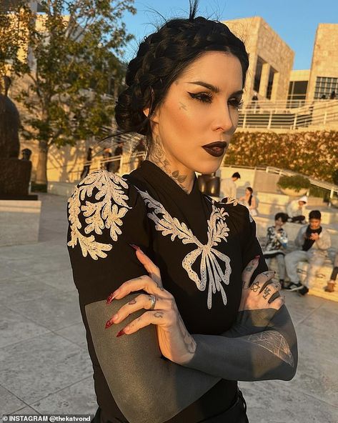 These days, along with her new vibe, the mom-of-one is also focused on making new music - something that was put on the back burner while she was creating Kat Von D Beauty in 2008: 'Music has always been my biggest passion' Kat Von D Style, Kay Von D, Kat Von D Tattoos, All Black Tattoos, Black Tattoo Cover Up, Blackout Tattoo, Tattoed Women, Tattoo Cover Up, Black Tattoo