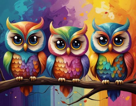 Dive into a world of color with this trio of vibrant owls! Each adorned in its unique palette, these whimsical creatures bring a burst of brightness to any setting. Add a pop of color to your day with these charming feathered friends. #ColorfulOwls #VibrantBeauty #WhimsicalCreatures #NatureInspired #CharmAndColor Rainbow Wings, Whimsical Creatures, Owl Feather, Colorful Owl, Whimsical Owl, Colorful Owls, Owl Pictures, Beautiful Owl, Colorful Feathers