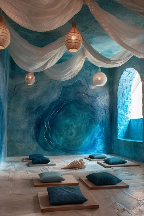 29 Meditation Room Inspirations for a Calming Space 7 Ocean Inspired Interior Design, Meditation Room Inspiration, Flowing Curtains, Meditation Room Design, Healing Centre, Wave Machine, Calm Room, Spiritual Room, Calming Room