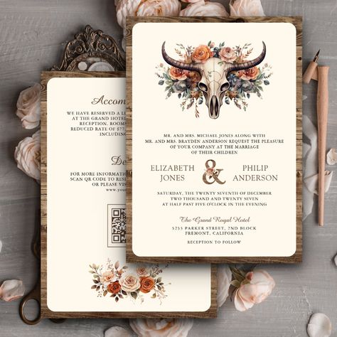 Earthy Flowers, Western Wedding Invitation, Floral Cow Skull, Western Wedding Invitations, Boho Wedding Invitation Template, Popular Wedding Invitations, Western Themed Wedding, Rustic Boho Wedding, Rustic Vintage Wedding