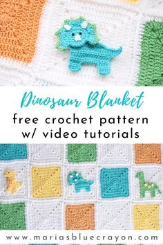 The crochet dinosaur blanket is comprised of granny squares and four different types of dinosaur appliques including the popular T-Rex and Triceratops. Get the free crochet pattern on Maria's Blue Crayon blog. #dinosaurblanket #freecrochetpattern Dinosaur Granny Square, Dinosaur Blanket Crochet, Crochet Dinosaur Blanket, Crochet Dinosaur Pattern Free, Crochet Dinosaur Patterns, Dinosaur Blanket, Crochet Applique Patterns Free, Blue Crayon, Crochet Dinosaur