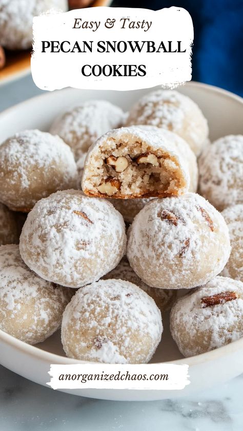 Pecan Snowball Cookies Powdered Sugar Coated Cookies, Pistachio Snowball Cookies Recipe, Pecan Powdered Sugar Cookies, New Years Food Table Ideas, Snowball Pecan Cookies, Pecan Wedding Cookies, Easy Snowball Cookies, Orange Snowball Cookies, New Year Deserts Ideas