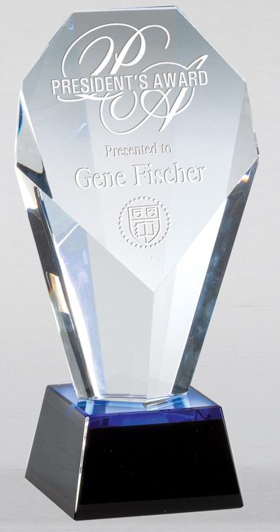 Our beautiful Blue Slant Crystal Trophy features a pillar of crystal with a slanted side for engravings. It is mounted on a black crystal base with a blue mirror top causing the crystal to have a blue hue. It'll be packaged in a satin lined deluxe box for protection. This award, CRY63345, comes in three different sizes. They are CRY633 3" x 7.5", CRY634 3.75" x 8.5", and CRY635 4" x 9.25". Trophy Craft, Certificate Layout, Crystal Trophy, Acrylic Trophy, Crystal Awards, Red Mirror, Islamic Art Pattern, Awards Trophy, Blue Mirror