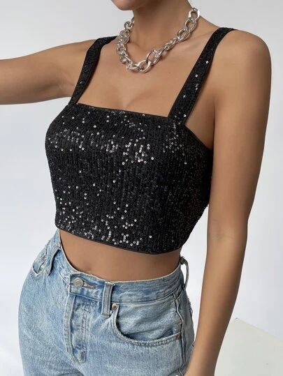 Black Sparkly Top Outfit, Tops Brillantes, Black Sequin Top Outfit, Sparkly Top Outfit, Sequin Top Outfit, Crop Top Elegante, Top Brillante, Sequins Top Outfit, Sparkly Blouse