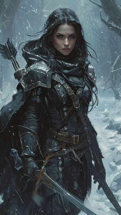 Female Ranger Outfit, Female Witcher Oc, Black Armor Female, Female Hunter Aesthetic, Female Fighter Dnd, Female Rogue Art, Warrior Female Art, Women Assassin, Female Assassin Art