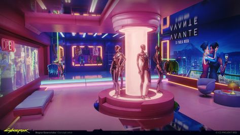 Cyberpunk 2077 Art, Cyberpunk Interior Design, Cyberpunk 2077 Concept Art, Cyberpunk House, Cyberpunk Interior, Cyberpunk Building, Anime Clothing Store, Cyberpunk Games, Clothing Store Interior