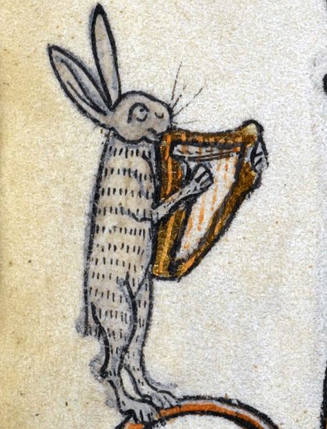 Hare with harp from "The Maastricht Hours’," Liège 14th century, Bodleian Library, Stowe 17, fol. 92v Illuminated Manuscript Animals, Harp Playing, Medieval Illuminated Manuscript, Medieval Illustration, Medieval Drawings, Medieval Artwork, Illustrated Manuscript, Medieval Books, Medieval Paintings