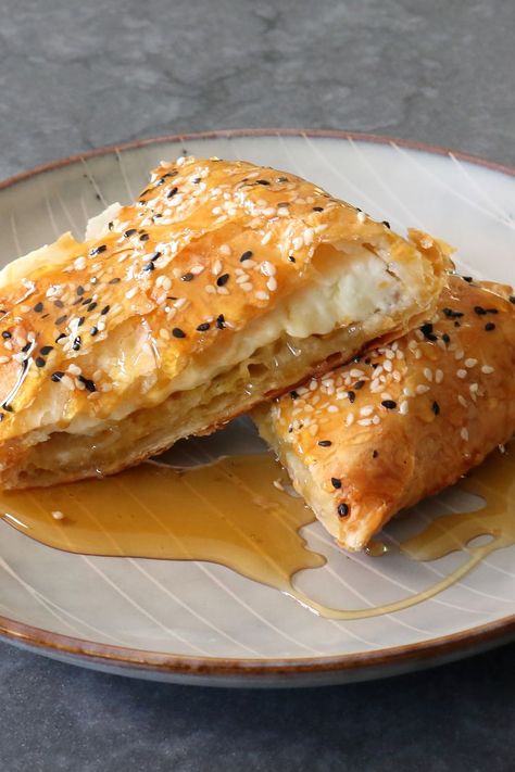 Baked Phyllo-Wrapped Feta with Honey Filo Sheets Recipes, Feta Cheese Dessert Recipes, Phyllo Pastry Desserts, Feta Wrapped In Phyllo, Baked Feta In Phyllo, Crispy Feta Pockets, Baked Feta In Phyllo With Honey, Feta In Phyllo With Honey, Phyllo Feta Honey