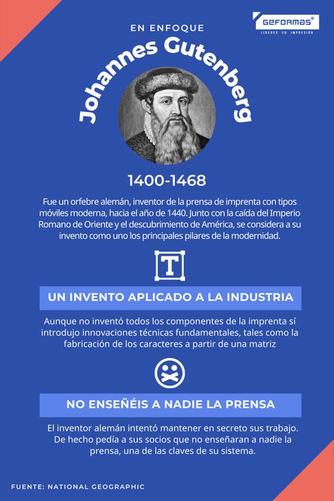 ¿Conoces a Johannes Gutenberg, inventor de la imprenta? Se dice que Gutenberg era un hombre de carácter áspero y no tenía reservas para condenar a otras personas. Esta misma determinación le valdría un espíritu empresarial destacado y una maestría para las cuestiones técnicas. https://www.geformas.com.mx/ #Imprenta #Impresiones #Gutenberg Johannes Gutenberg, Movie Posters, Film Posters