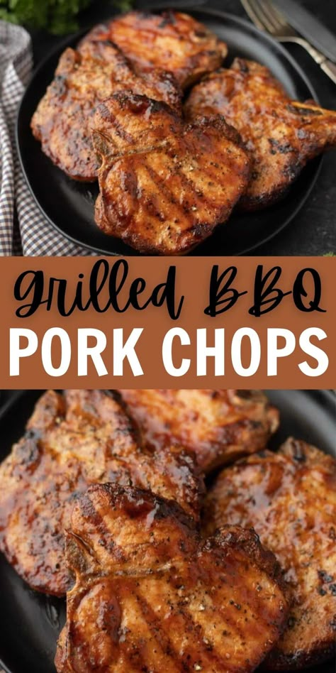 Grilled BBQ Pork Chops Recipe - grillonadime.com Pork Loin Centre Chops Recipe, Grilled Pork Chops Boneless, Grilled Pork Loin Chops, Pork Chops On The Grill, The Best Pork Chops, Pork Loin Chops Recipes, Best Pork Chops, Grilled Pork Steaks, Barbecue Pork Chops