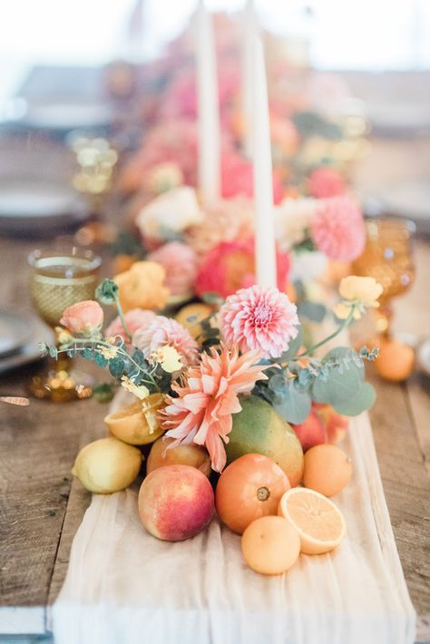 Wedding Table Centerpieces Diy, Harvest Wedding, Beaver Photography, Reception Table Centerpieces, Fruit Centerpieces, Table Centerpieces Diy, Fruit Wedding, Bridal Shower Inspo, Citrus Wedding