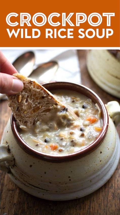 Crockpot Chicken Wild Rice Soup! This Crockpot Chicken Wild Rice Soup is so darn simple to make. Chicken, carrots, celery, onion, wild rice, seasonings, and cream. Pair with a piece of crusty bread on a cold night for the perfect meal! #wildricesoup #chickenwildrice #soup Crockpot Chicken Wild Rice Soup, Wild Rice Soup Crockpot, Rice Soup Crockpot, Chicken Tips, Chicken Carrots, Wild Rice Soup Recipes, Chicken Wild Rice, Chicken Wild Rice Soup, Meal Train Recipes