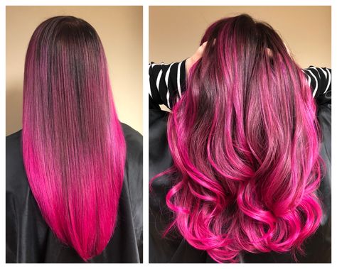 Shadow root with pink ombré hair Brown To Magenta Ombre Hair, Brown To Hot Pink Ombre Hair, Pink Hair Shadow Root, Red To Pink Ombre Hair, Pink Hair With Shadow Root, Pink Hair Dark Roots, Party Tips And Tricks, Dark Pink Hair, Red Balayage Hair