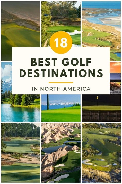 The 18 Best Golf Destinations in North America are: TPC Sawgrass, Fairmont Jasper Park Lodge, Bandon Dunes, Pasatiempo Golf Club, Kiawah Island Golf Resort, Bethpage State Park, Bear Mountain Golf Resort, Pebble Beach Golf Links, Pinehurst Golf Resort, Wolf Creek Golf Club, The Algonquin, Nicklaus North, Fairmont Banff Springs, Cabot Links, Streamsong, Harbour Town, Spyglass Hill Golf Course, and Erin Hills Golf Course. Best Golf Courses America, Golf Trips Travel, Pinehurst Golf, Golf Trips, Golf Driving Range, Top Golf Courses, Golf Travel, Boys Golf, Golf Vacations