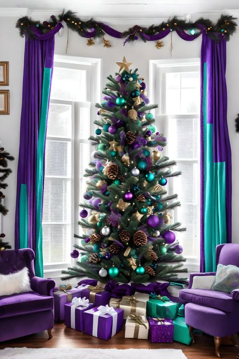 Purple Teal Christmas Tree, Purple Room Decorations, Purple Christmas Decor, Christmas Tree Purple, Teal Christmas Decorations, Purple Christmas Tree Decorations, Teal Christmas Tree, Christmas Tree Colorful, Purple Christmas Decorations