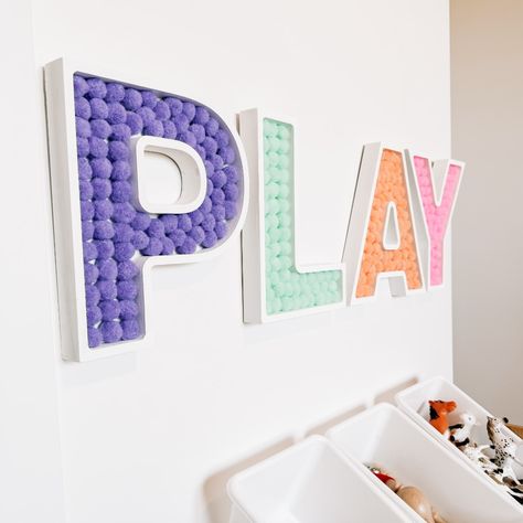 DIY PLAY Letters for Playroom | CraftCuts.com Easy Cheap Playroom Ideas, Playroom Sign Ideas, Play Letters Playroom, Small Playroom Decor, Diy Playroom Wall Decor, Play Room And Toddler Bedroom, Playroom Inspiration For Kids, Cheap Playroom Ideas, Play Sign For Playroom