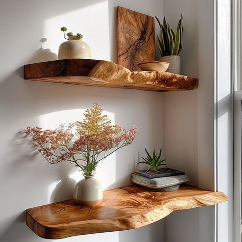 Maximize Space and Style with Floating Shelves from Spry Interior🌳📸 Our floating shelves are the perfect blend of function and style, offering a minimalist yet elegant solution to showcase your favorite items. Discover how these versatile shelves can elevate any room at Spry Interior! #TreebookShelf #ClassicLivingRoom #SpryInterior #ElegantDesign #HomeDecor Live Edge Floating Shelf, Walnut Floating Shelves, Live Edge Shelves, Long Floating Shelves, Wooden Bookshelf, Tree Bookshelf, Nursery Bookshelf, Floating Wall Shelf, Floating Corner Shelves