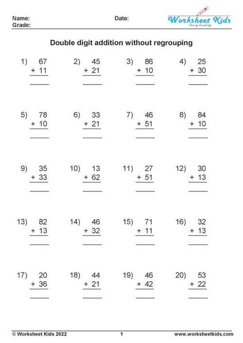 Math worksheets that help students learn how to add two-digit numbers without carrying or regrouping are called "double-digit addition worksheets without regrouping." Most of the time, these worksheets have a set of problems that need to be solved by adding the two digits and writing the answer in the space provided. These worksheets are a great way to help kids learn and practise basic addition skills. They can be used at home, in the classroom, or with a tutor.🎒 Double Digit Addition Worksheets, Double Digit Addition Without Regrouping, Baptismal Ideas, Column Addition, Addition Without Regrouping, Regrouping Addition, Decimals Addition, Double Digit Addition, Tens And Units