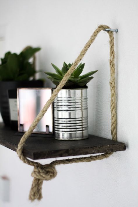 Diy Shelves Design, Diy Shelves Ideas, Diy Floating Shelves, Hanging Rope Shelves, Rope Shelf, Diy Hanging Shelves, Rope Shelves, Floating Shelves Diy, Diy Simple