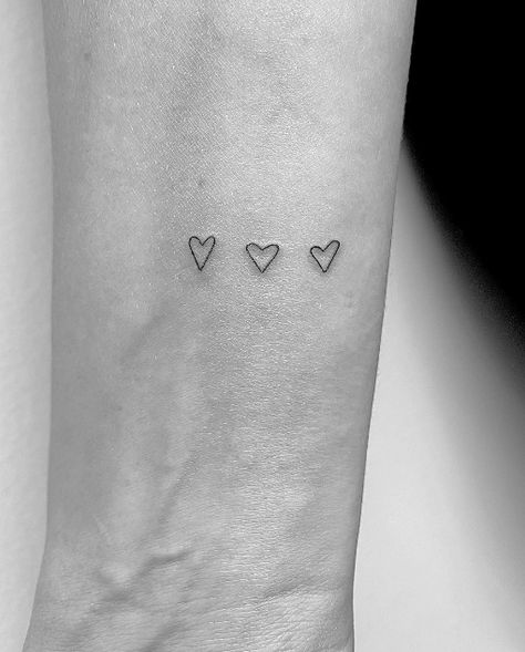 Hearts By Family Tattoo, Two Love Heart Tattoo, Simplicity Tattoo Ideas, 3 Love Hearts Tattoo, Hearts On Arm Tattoo, Three Tiny Heart Tattoo, Handwritten Heart Tattoo, Family Hearts Tattoo, Fine Line Family Tattoo