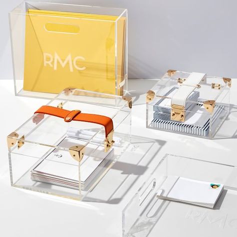 Acrylic and Gold Storage Box | Mark and Graham Acrylic Box Packaging, Plexiglass Ideas, Personalized Desk Accessories, Acrylic Packaging, Gold Storage, Wood Packaging, Acrylic Bag, Packaging Ideas Business, Entertaining Gifts