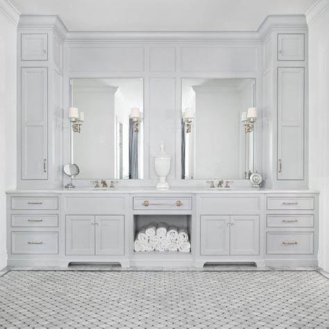 bathroom3 Master Bath Vanity With Middle Tower, Master Bathrooms With Separate Vanities, Double Vanity Bathroom With Makeup Area, Double Vanity With Side Towers, Large Double Vanity Bathroom, L Shaped Double Vanity, Double Bathroom Vanity Ideas Master Bath, Master Bath Double Vanity Ideas, Double Vanity With Makeup Area Middle