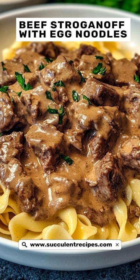 Indulge in this Creamy Beef Stroganoff with Egg Noodles! The rich, velvety sauce paired with tender beef and egg noodles creates a dish everyone will love. Beef Strognoff, Beef And Egg Noodles, Creamy Beef Stroganoff, Steak Stroganoff, Recipe For Beef Stroganoff, Classic Beef Stroganoff Recipe, Best Beef Stroganoff, Beef Stroganoff Crockpot, Beef Stroganoff Easy