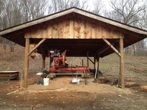 Tractor Shed Ideas, Sawmill Shed, Sawmill Projects, Sawmill Lumber, Eco Cottage, Bandsaw Mill, Lumber Mill, Wood Mill, Contemporary House Exterior