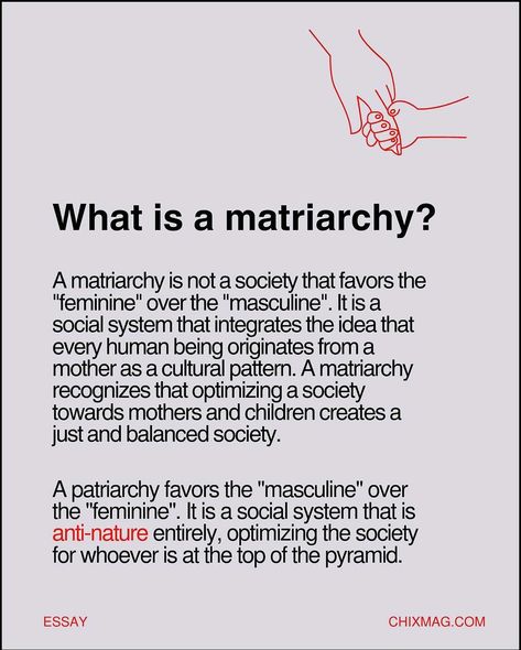 Repost from @chixmag • Feminists have always been united about dismantling the patriarchy. But what will take its place? For most of human history, we lived in peaceful matriarchal societies. This isn’t some radical fantasy - it’s our legacy to reclaim. Learn about humanity’s long history of matriarchy, how patriarchy emerged, and why matriarchy is the path to healing and liberation at chixmag.com 🌀 🔗 in bio! Matriarchy Art, Matriarchy Aesthetic, Matriarchal Society, Feminist Rage, Hex The Patriarchy, Sustainability Education, Communal Living, Cultural Patterns, Womens Liberation