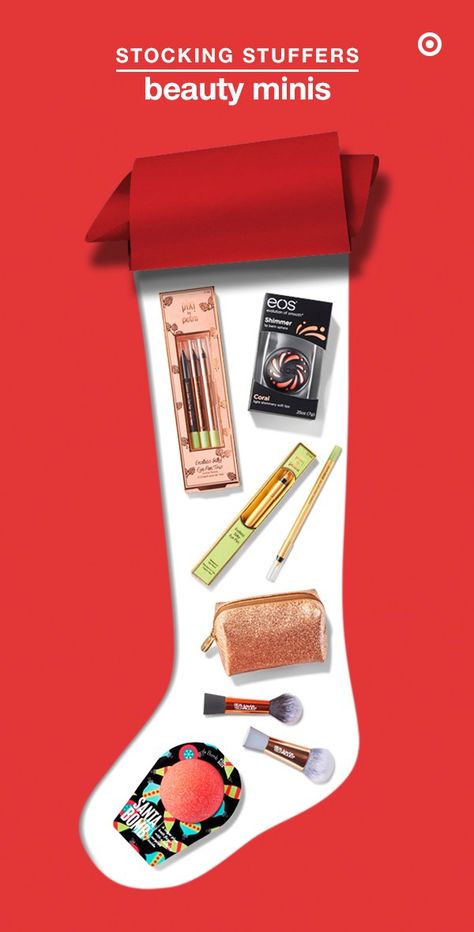 Mini but mighty beauty faves that are perfect as white elephant gifts, stocking stuffers and secret Santa surprises: Pixi Endless Silky Eye Pens; Eos Coral Shimmer Lip Balm; e.l.f. Holiday Gold Lipstick Case; Real Techniques Mini Sculpting Brush and Mini Contour Brush; and Da Bomb Bath Fizzers Santa Bomb. December Marketing Ideas, Holiday Newsletter Ideas, Holiday Campaign Advertising, Beauty Creative Ads, Gift Poster Design, Holiday Product Photography, Holiday Branding, Skincare Christmas, Holiday Ads