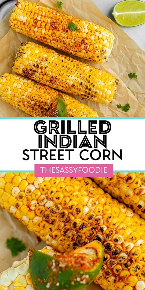 This grilled Indian street corn on the cob will elevate your next backyard barbecue! Charred corn gets a makeover with zesty lime, and bright spices. Served with homemade chicken tikka or any of your summer favourites, this corn gets the barbecue started right! Indian Street Corn, Indian Corn Recipes, Street Corn On The Cob, Grilled Corn On Cob, Masala Fries, Homemade Slaw, Vegan Feast, Creamy Pasta Bake, Family Breakfast Recipes