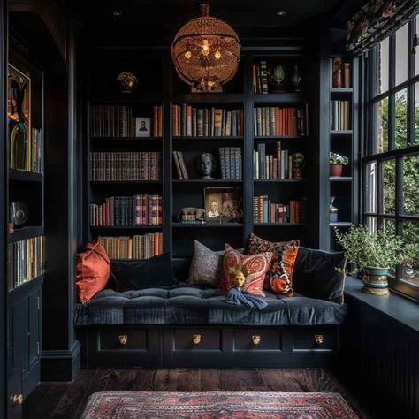 31 Reading Nooks Cloaked in Gothic Grandeur (Concept Interiors) Cozy Library Room, Dream Home Library, Cozy Home Library, Home Library Rooms, Cozy Library, Atmospheric Lighting, Library Room, Home Library Design, Office Library