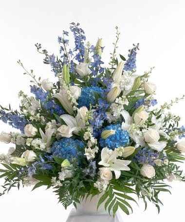 For The Service Flowers Seattle, WA - Same Day Delivery Lilies And Roses, Blue Flower Arrangements, Casket Flowers, Urn Arrangements, White Urn, White Fan, White Flower Arrangements, Sympathy Arrangements, Blue And White Flowers