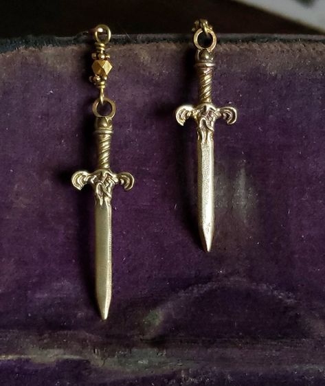 Gold Alt Jewelry, Edgy Gold Jewelry, Masculine Earrings, Dagger Jewelry, Dark Academia Earrings, Hope Mikaelson Aesthetic, Academia Earrings, Medieval Earrings, Dark Academia Jewelry