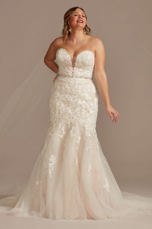 Lace Applique Mermaid Tall Plus Wedding Dress | David's Bridal Mermaid Strapless Wedding Dress, Plus Wedding Dresses, Wedding Dress Style, Dress Train, Davids Bridal Wedding Dresses, Oleg Cassini, Gorgeous Wedding Dress, Wedding Dresses Plus Size, Colored Wedding Dresses