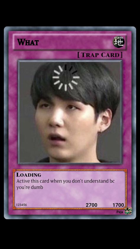 Bts trap card meme namjoon rm joon seokjin jin yoongi suga j-hope hobi hoseok jimin taehyung tae v jungkook kook Trap Cards Group Chat, Kpop Trap Cards, Trap Cards Funny, Card Memes, Kpop Cards, Trap Cards, Yugioh Trap Cards, Trap Card, Mood Card