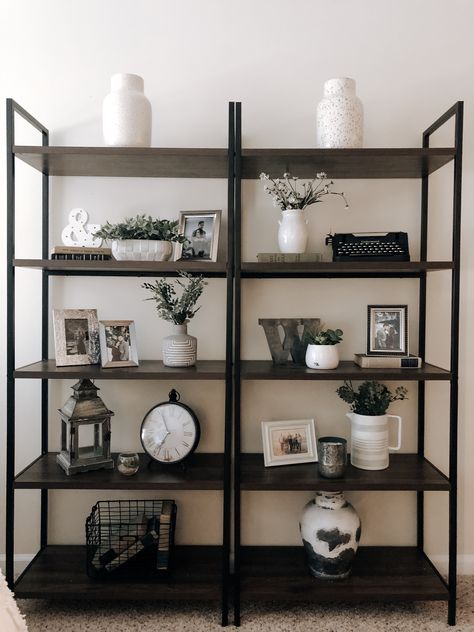 Mens Office Bookshelf Decor, How To Style Glass Bookshelves, 5 Tier Bookshelf Decor, Double Bookshelf Styling, Double Shelf Decor, Masculine Shelving Decor, Metal Bookshelf Styling, Modern Shelves Living Room, Brown Bookshelf Decor