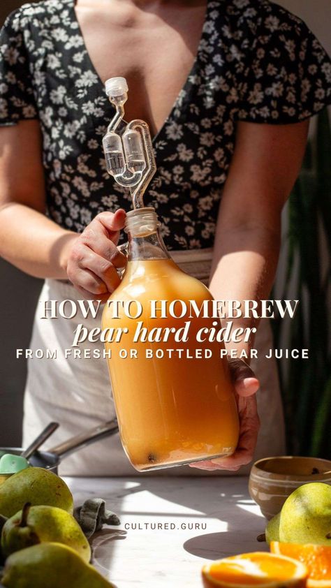 Learn how to homebrew pear cider from pear juice! This pear hard cider recipe teaches you how to make cider from just pear juice, sugar, yeast (and a few spices for fun). I'll also show you how to bottle it with honey for a delicious sparkling pear cider! #cider #pear #homebrew Pear Juice Recipes, Diy Cider, Hard Cider Recipe, Pear Wine, Key Lime Pound Cake, Pear Cider, Cider Recipe, Pear Juice, Hard Cider