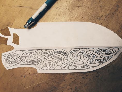 Designing a sheath pattern | André Andersson Custom Knives Cross Draw Knife Sheath, Leather Sheaths For Knives, Leather Knife Sheaths Designs, Hand Tooled Leather Knife Sheaths, Leather Knife Sheath Pattern, Viking Pattern, Wiccan Tattoos, Leather Working Patterns, Leather Tooling Patterns