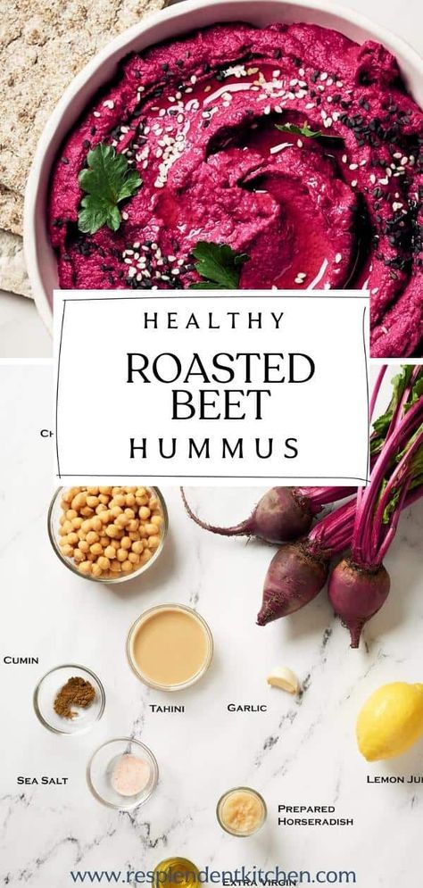 A delicious & healthy appetizer or snack, this Roasted Beet Hummus is made with roasted red beets, chickpeas, tahini, garlic, & horseradish. Beets Hummus Recipe, Homemade Beet Hummus, Roasted Beet Hummus Recipe, Red Beet Hummus, Beet Root Hummus, Beet Hummus Without Tahini, Beet Dip Recipe, Beets Vegan Recipes, How To Eat Beets