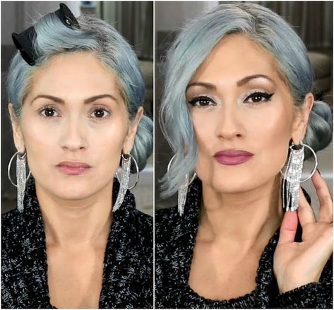 Beauty101byLisa: MAKEUP FOR GRAY SILVER HAIR + Giveaway! Gray Hair Makeup, Grey Hair Makeup, Aging Skin Makeup, Winged Eyeliner For Hooded Eyes, Gray Silver Hair, Silver Lavender Hair, Silver Hair Color Short, Grey Hair And Makeup, Eyeliner For Hooded Eyes