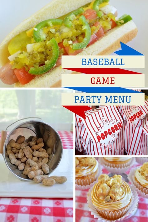 Baseball Game Party Menu Baseball Game Party, Baseball Food Party, Ballpark Food, Baseball Food, Menu Recipe, Baseball Theme Birthday, Hot Dog Toppings, Having Friends, Baseball Theme Party