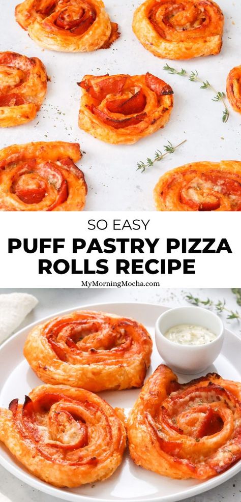 Here's how to make tasty puff pastry pizza rolls with this delicious and easy recipe. These pinwheels taste absolutely amazing! Puff Pastry Calzone Recipe, Pizza Rolls With Puff Pastry, Pizza Pinwheels Puff Pastry, Puff Pastry Pizza Rolls, Puff Pastry App, Christmas Fun Food, Puff Pastry Twists, Pepperoni Bread, Puff Pastry Pinwheels