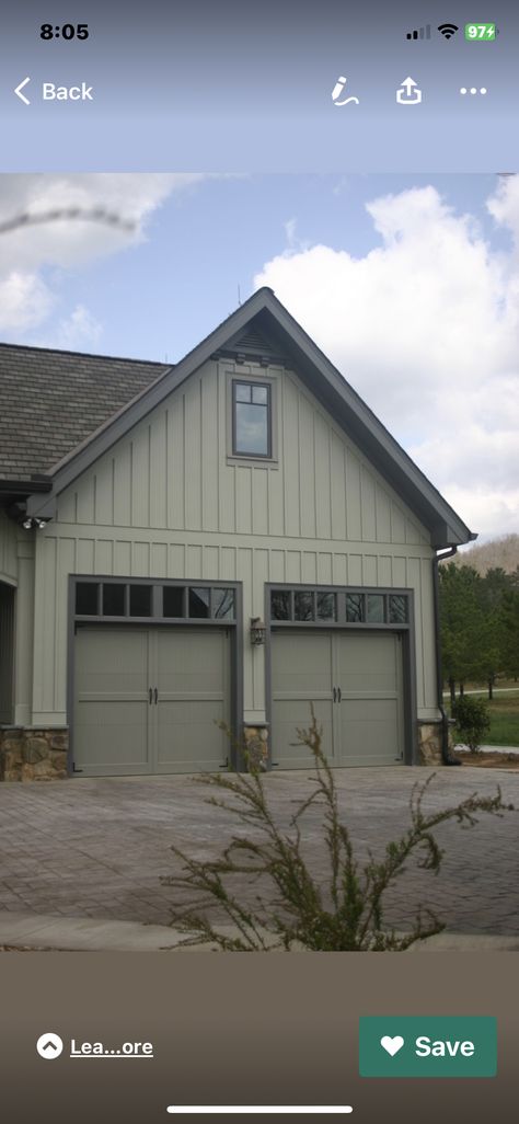 Sage Green House, Green Exterior House Colors, Green House Exterior, Green Siding, Craftsman Garage, Board And Batten Exterior, House Paint Color Combination, Contemporary Craftsman, Exterior House Color