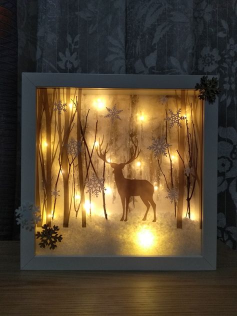 Christmas box frame with led lights and twigs Shadow Box Kunst, Christmas Boyfriend, Deer In The Woods, Deer Light, Glass Block Crafts, Christmas Neighbor, Diy Shadow Box, Christmas Shadow Boxes, Hunting Decor