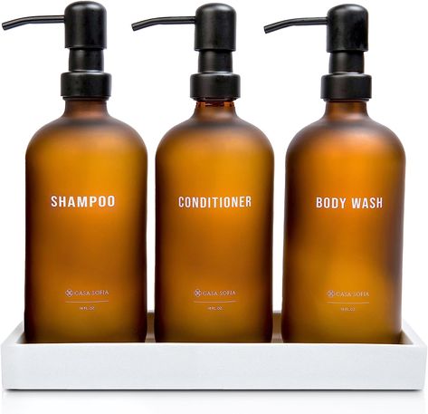 Amazon.com: Modern Shampoo and Conditioner Bottles - Body Wash, Shampoo and Conditioner Dispenser - Set of 3, 16 oz Frosted Amber Glass Refillable Shower Soap Bottles, Concrete Tray - Bathroom Essentials : Home & Kitchen Refillable Shampoo Bottles, Shampoo And Conditioner Dispenser, Shampoo And Conditioner Bottles, Shower Soap Dispenser, Bottle Tray, Guest Bathroom Decor, Concrete Tray, Shampoo Dispenser, Spa Like Bathroom