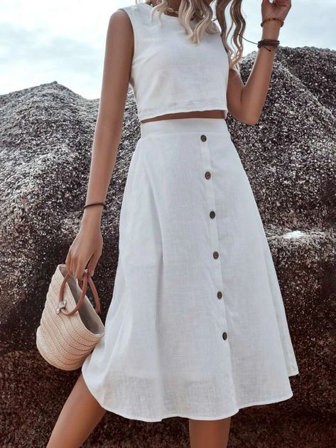 Button Back Sleeveless Top & Skirt | SHEIN USA Women Co Ords Two Pieces, Cotton Skirt And Top Indian Casual, Co Ords Outfits Skirt, White Cotton Summer Skirt, Co Ord Skirt And Top, High Waist Midi Skirt Outfit, Cotton Co Ords, Linen Skirt Outfit Summer, Co Ords Outfits Summer