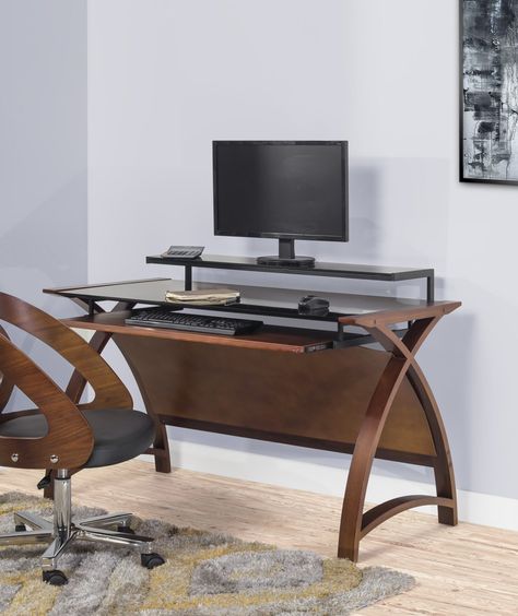 Walnut Computer Desk, Home Office Furniture Design, Corner Workstation, Monitor Shelf, Walnut Desk, Walnut Furniture, Keyboard Tray, Pc Desk, Office Furniture Design